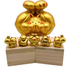 Twinkle Glory gold muscle lucky cat porcelain figurines in various poses on wooden blocks