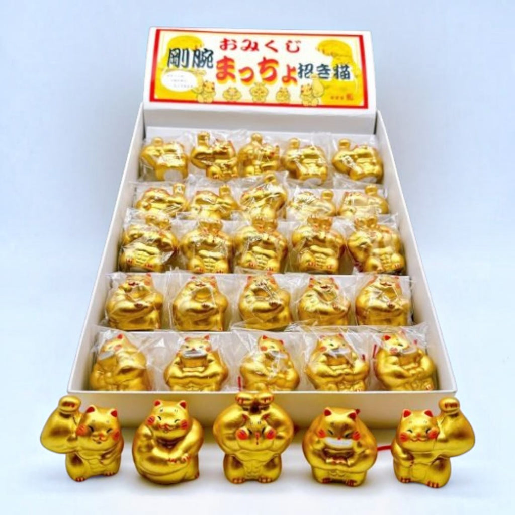 Twinkle Glory Ryukodo gold muscle lucky cat porcelain figurines in a display box for good fortune and prosperity.