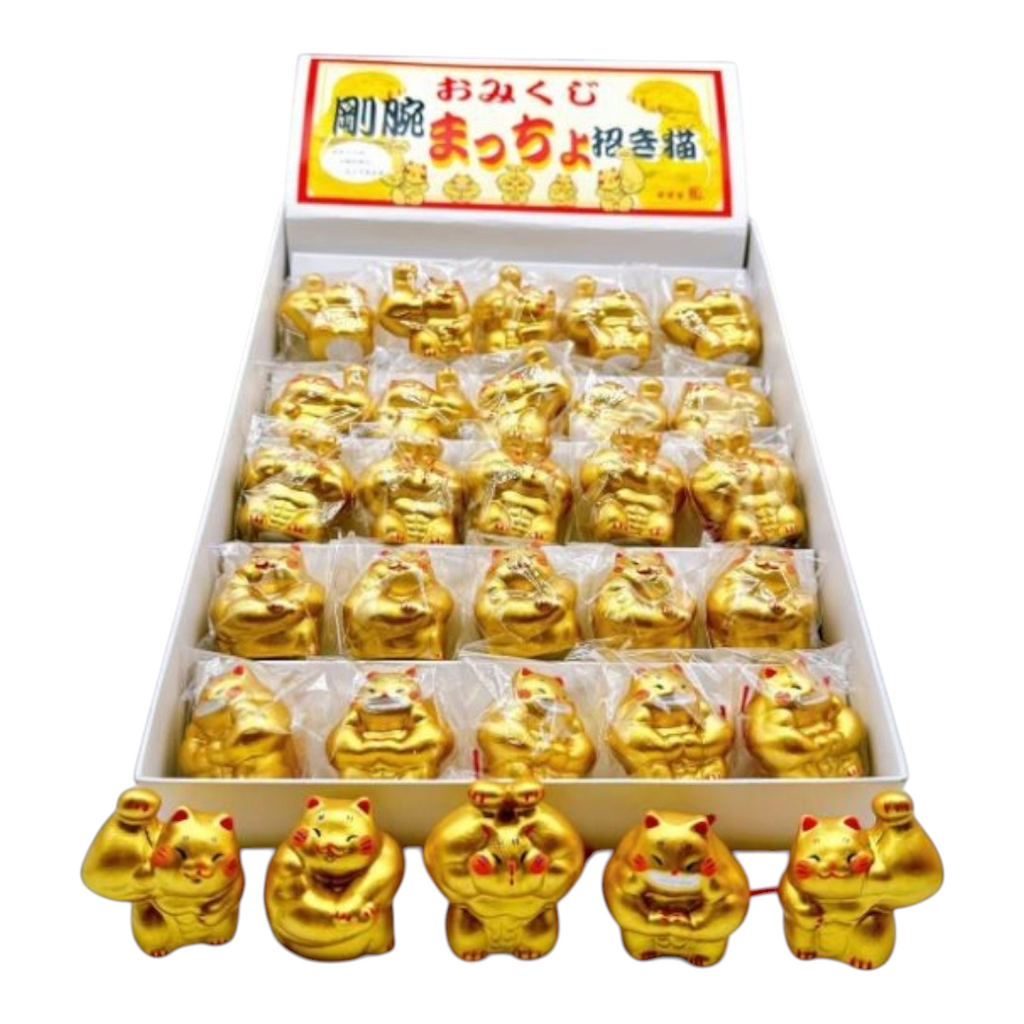 Twinkle Glory Ryukodo gold muscle lucky cat porcelain figurines in a display box for good fortune and prosperity.