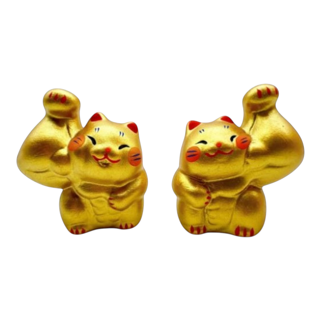 Twinkle Glory pair of hand-painted gold porcelain muscle lucky cat figurines for prosperity and good fortune