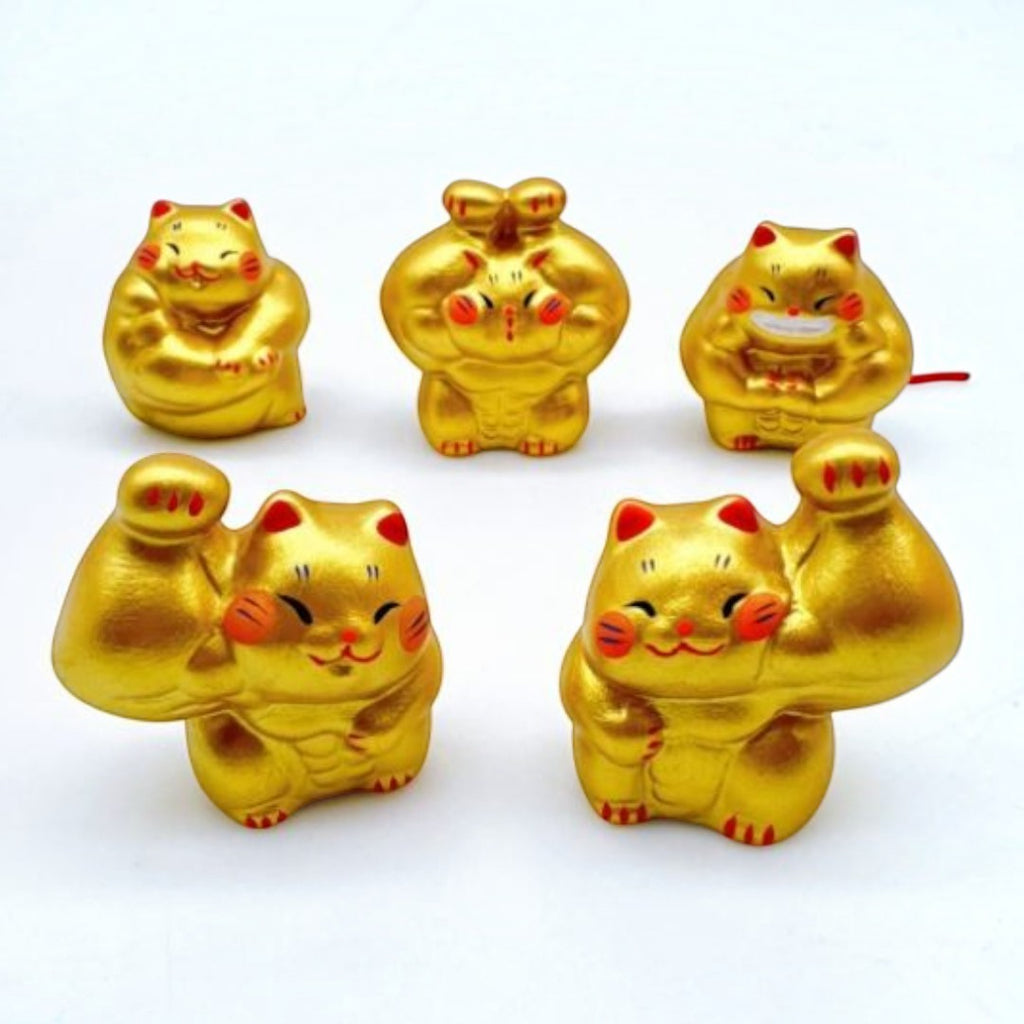 Twinkle Glory set of five hand-painted gold porcelain muscle lucky cat mascots for wealth and prosperity