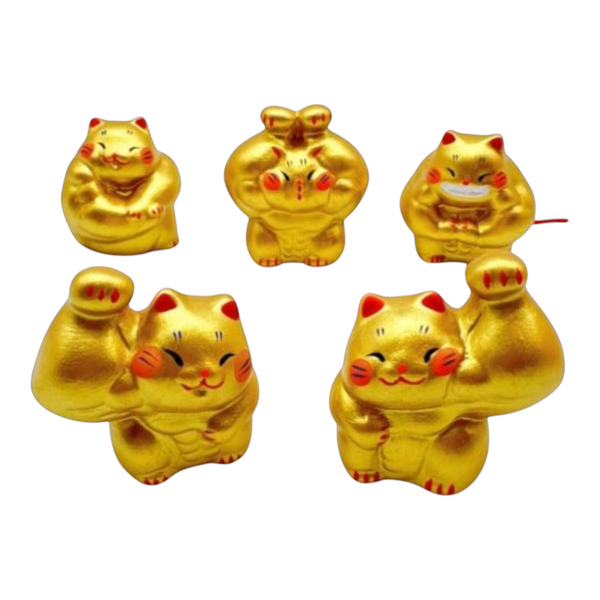 Twinkle Glory set of five hand-painted gold porcelain muscle lucky cat mascots for wealth and prosperity