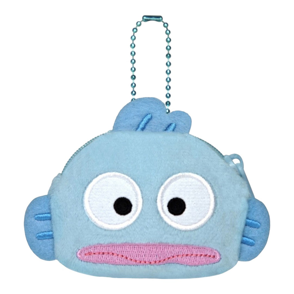 Twinkle Glory Sanrio Hangyodon plush mini coin case in light blue with a secure zipper and ball chain attachment