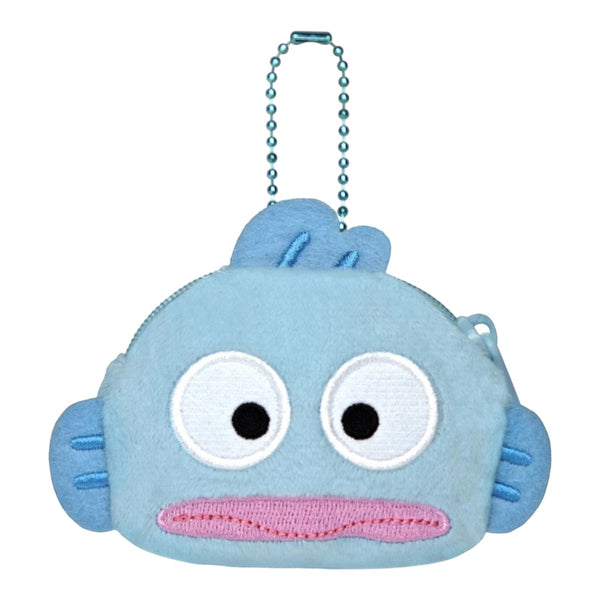 Twinkle Glory Sanrio Hangyodon plush mini coin case in light blue with a secure zipper and ball chain attachment