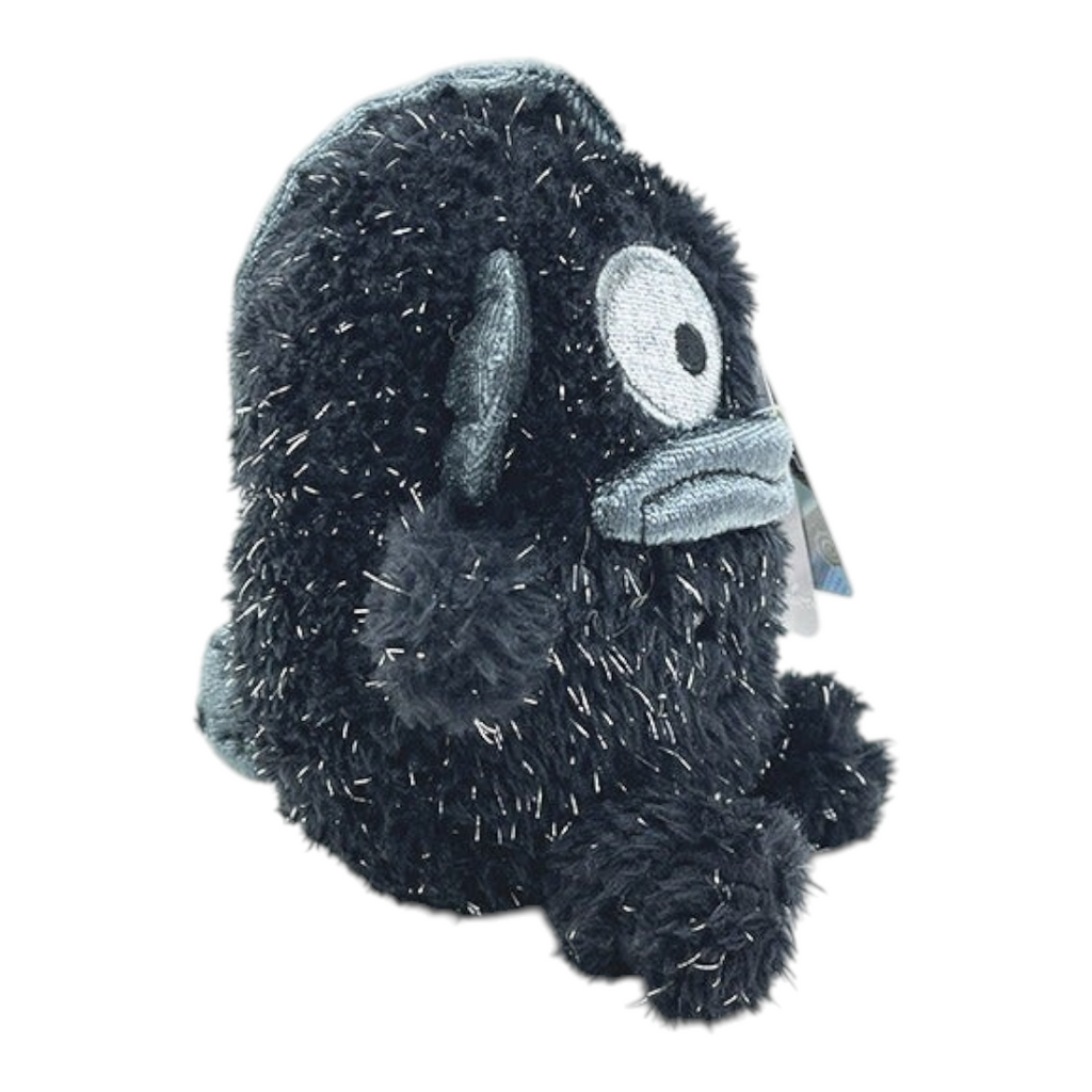 Twinkle Glory Sanrio Hangyodon plush keychain in black fuzzy polyester with a side profile view.