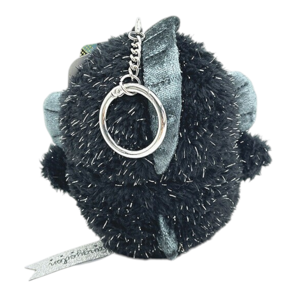 Twinkle Glory Sanrio Hangyodon plush keychain in black textured fabric with a silver metal carabiner attachment