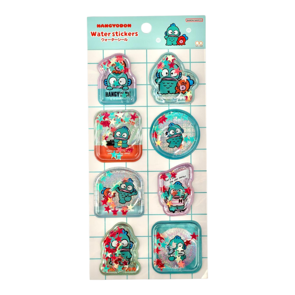 Twinkle Glory Sanrio Hangyodon water sticker sheet featuring blue character designs inside shimmering sequin capsules