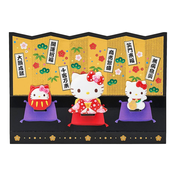 Twinkle Glory Sanrio Hello Kitty 3D resin greeting card featuring decorative Japanese folding screen background
