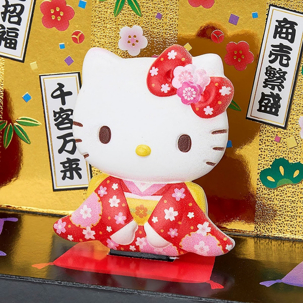 Twinkle Glory Hello Kitty 3D resin mascot greeting card featuring a traditional kimono design on a gold background