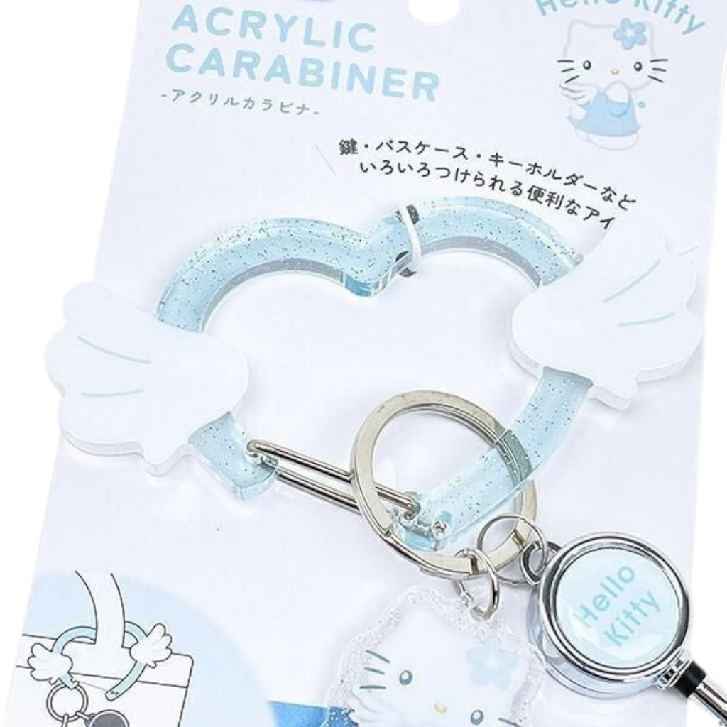 Twinkle Glory Hello Kitty Sparkling Angel heart-shaped acrylic carabiner keychain with a retractable reel.