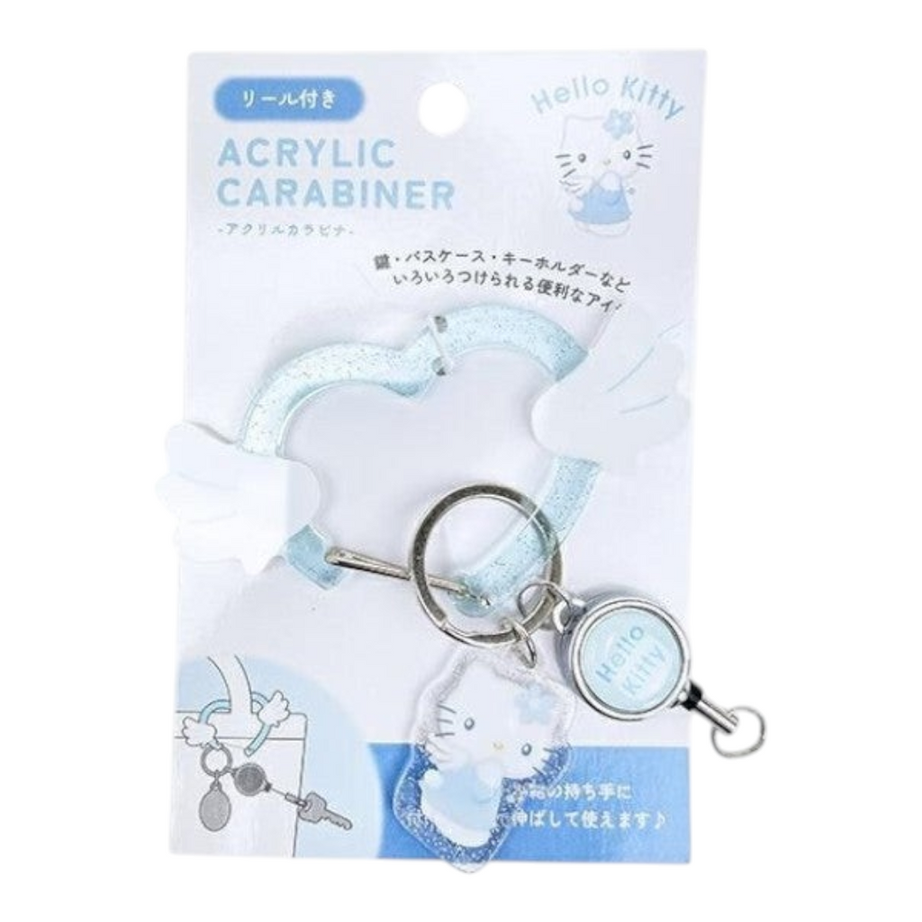 Twinkle Glory Hello Kitty Sparkling Angel acrylic carabiner keychain with a retractable reel and glittery blue finish