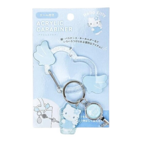 Twinkle Glory Hello Kitty blue acrylic retractable carabiner reel clip with heart-shaped design and metal hardware
