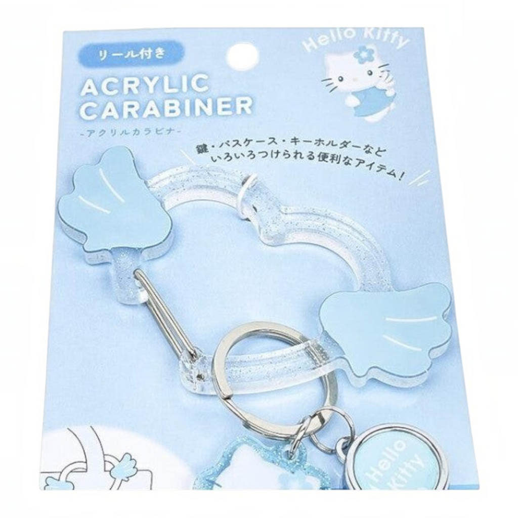 Twinkle Glory Hello Kitty blue acrylic carabiner reel clip with glittery wing design on original backing card
