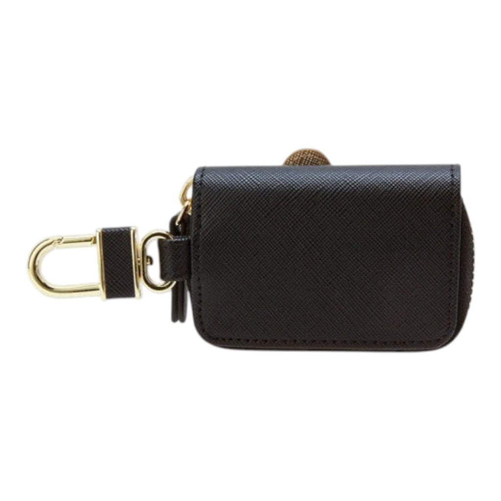 Twinkle Glory Sanrio Hello Kitty black PU leather key case with a gold-tone metal buckle and internal key ring.