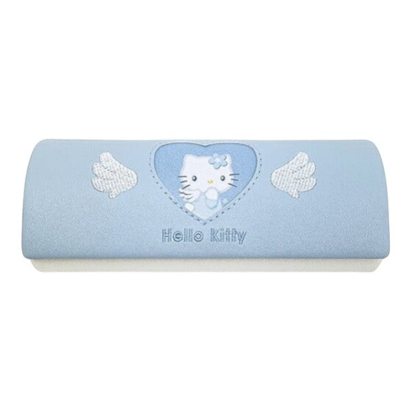 Twinkle Glory light blue Hello Kitty eyeglasses case featuring a heart motif with embroidered wings and logo.