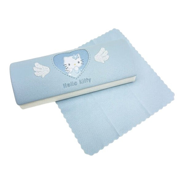 Twinkle Glory light blue Hello Kitty eyeglasses case with heart and wing embroidery and matching cleaning cloth