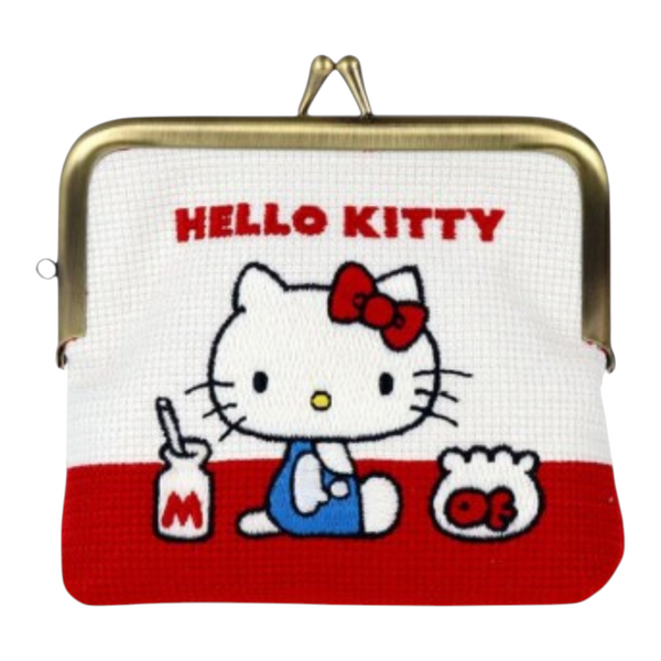 Twinkle Glory Hello Kitty embroidered red and white polyester gamaguchi clasp pouch with kiss-lock closure