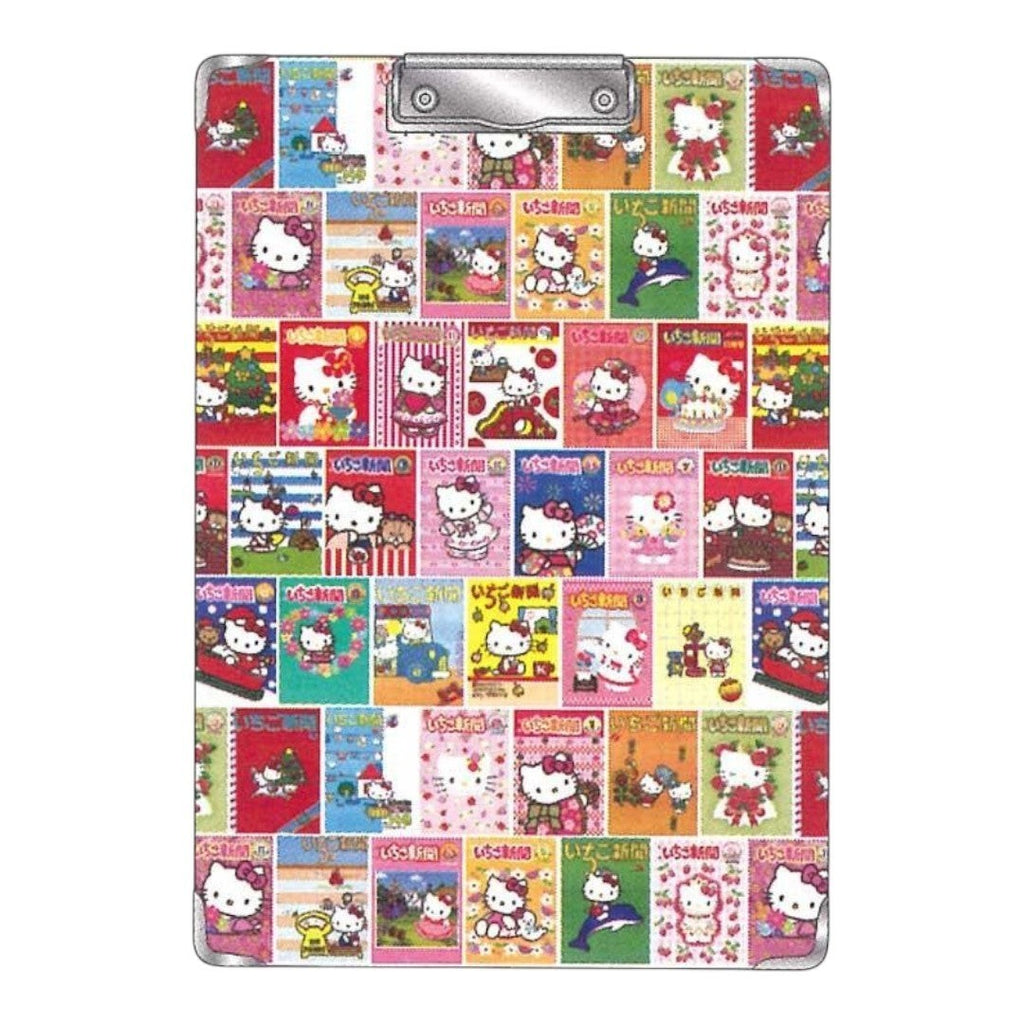 Twinkle Glory Hello Kitty clipboard featuring a colorful collage of vintage character illustrations and steel clip