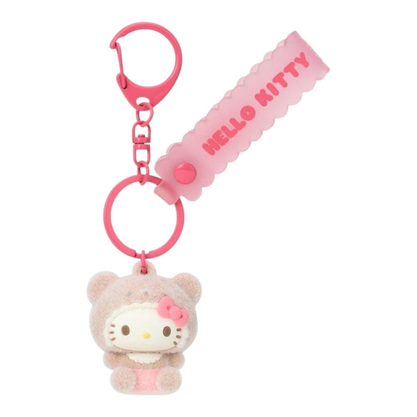 Twinkle Glory Hello Kitty 3D flocked resin mascot keychain with a pink strap and secure metal clasp.