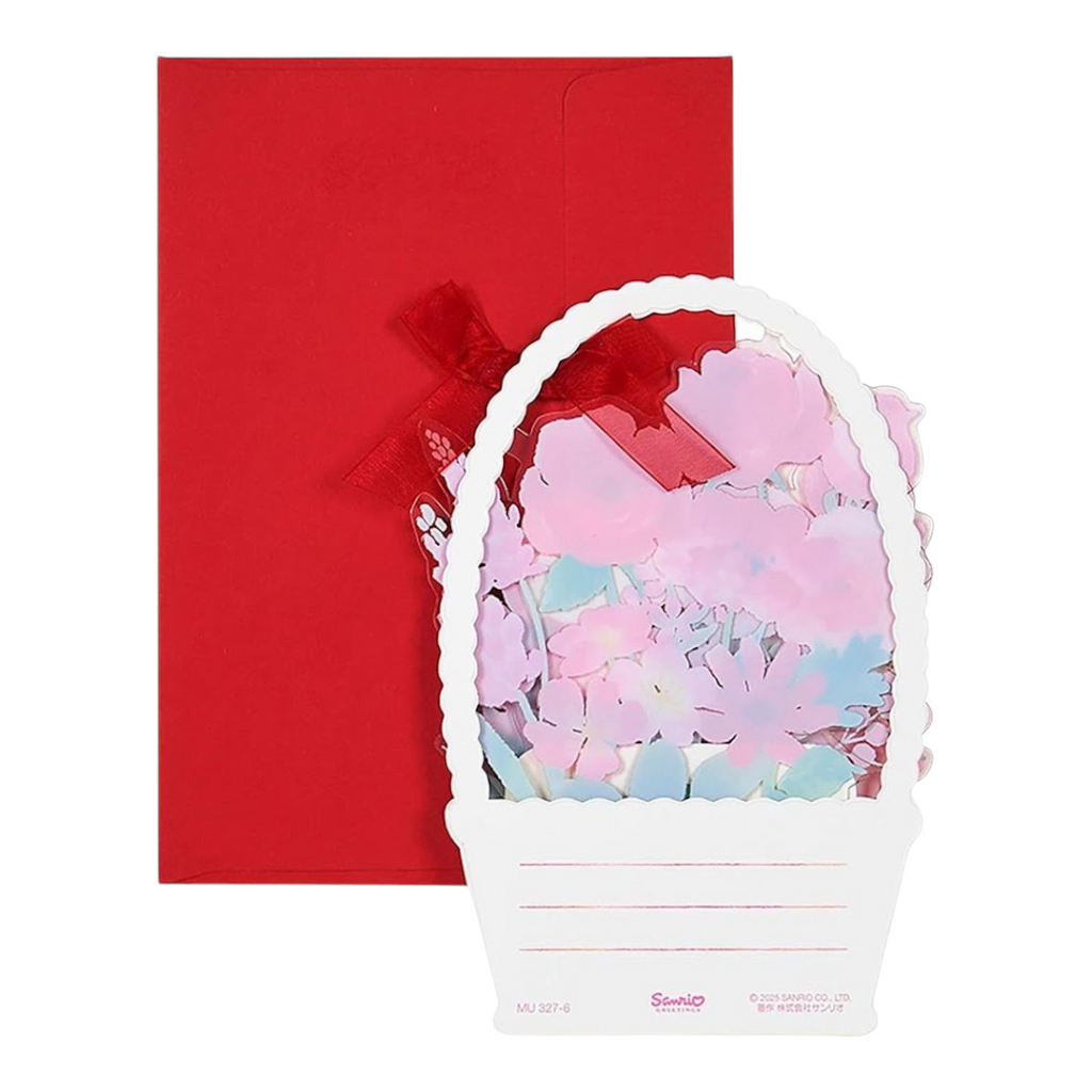 Twinkle Glory Sanrio Hello Kitty greeting card featuring a paper flower basket design with a red envelope