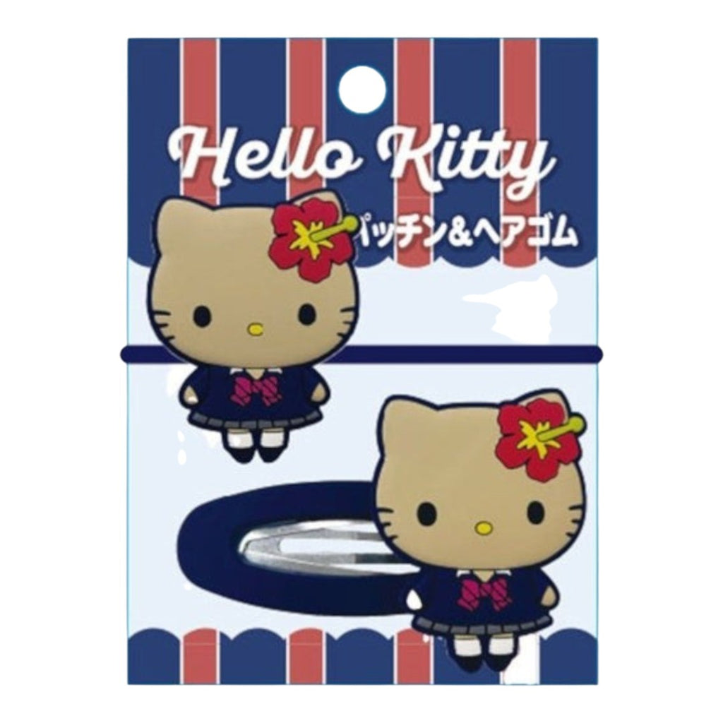 Twinkle Glory Hello Kitty Y2K tan uniform hair tie and clip set featuring a cute character design on backing card