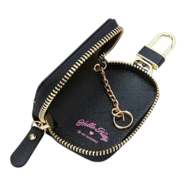 Twinkle Glory black PU leather Hello Kitty key case with gold zipper, internal key ring, and external buckle
