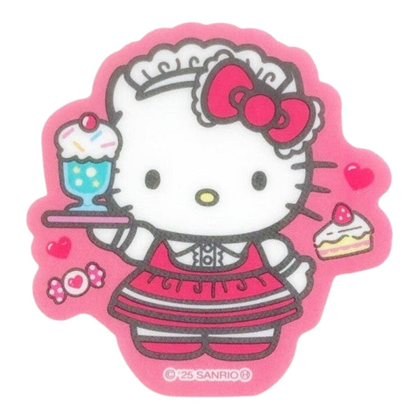 Twinkle Glory Sanrio Hello Kitty pink maid die-cut PVC sticker featuring a dessert cafe theme with cake and sundae