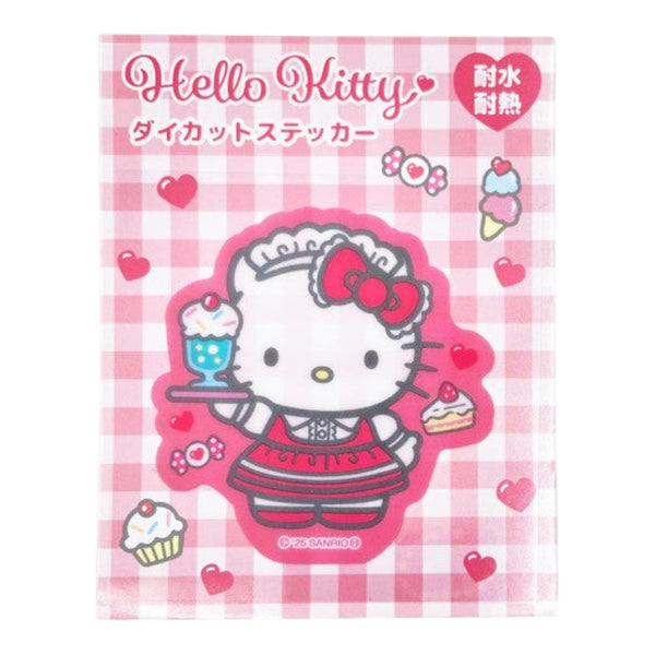 Twinkle Glory Hello Kitty pink maid die-cut PVC sticker featuring a dessert cafe theme on a checkered background