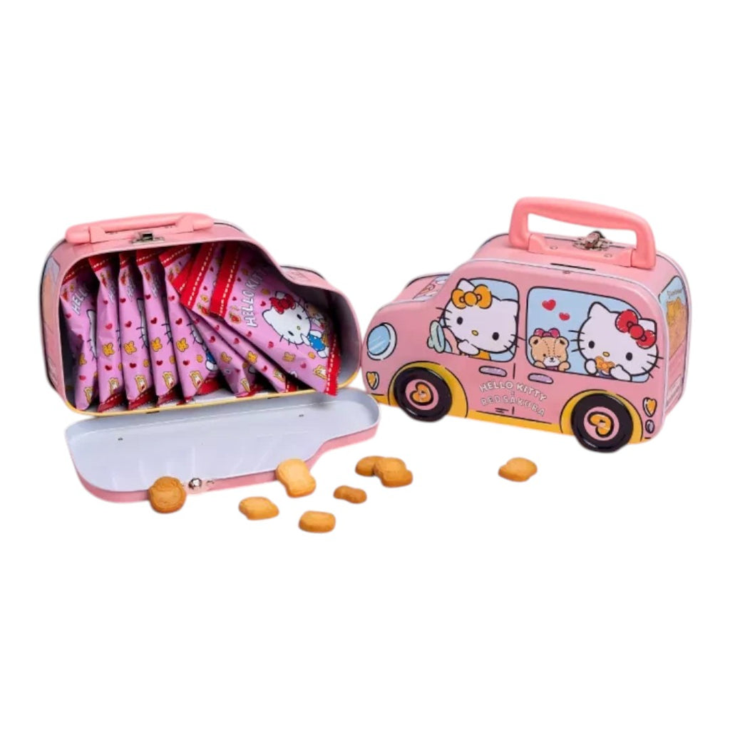 Twinkle Glory Hello Kitty pink car tin filled with chocolate cookies and Sakura designs.