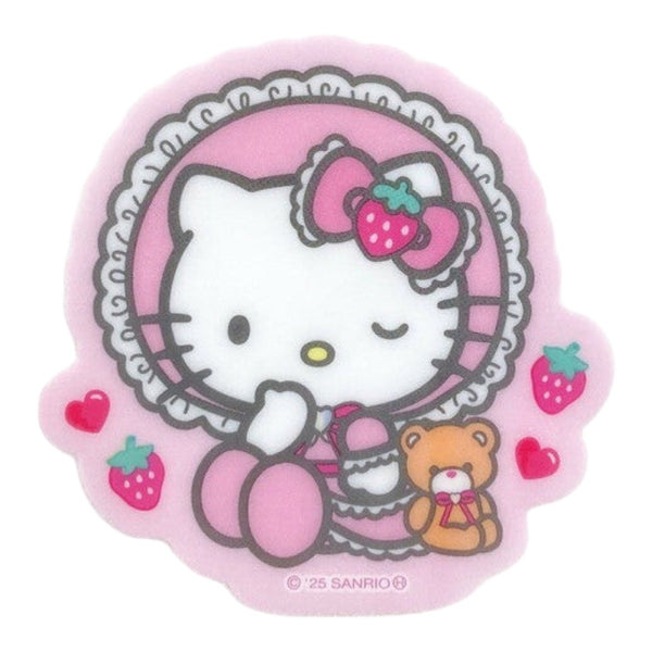 Twinkle Glory Sanrio Hello Kitty pink die-cut sticker featuring a strawberry and lace Lolita design with a teddy bear