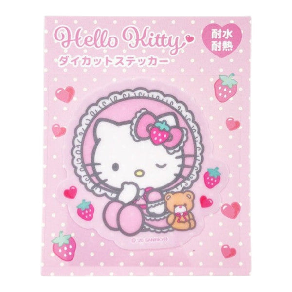 Twinkle Glory Sanrio Hello Kitty pink Lolita die-cut PVC sticker featuring a strawberry and lace design
