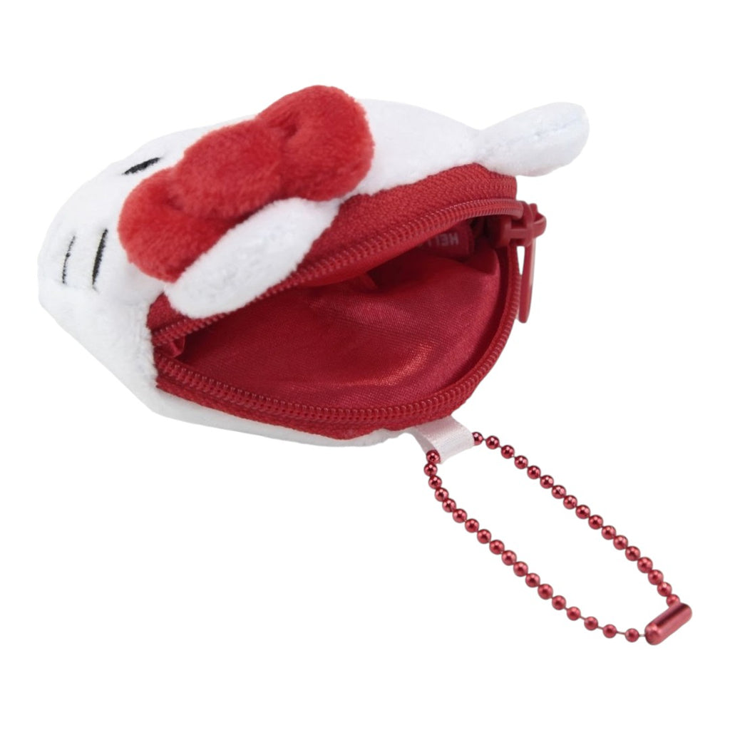Twinkle Glory Hello Kitty plush mini coin case with red bow and zipper closure on a white background