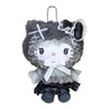 Twinkle Glory Hello Kitty plush pouch in black with a fluffy cape, lace trim, and a metal ball chain attachment.