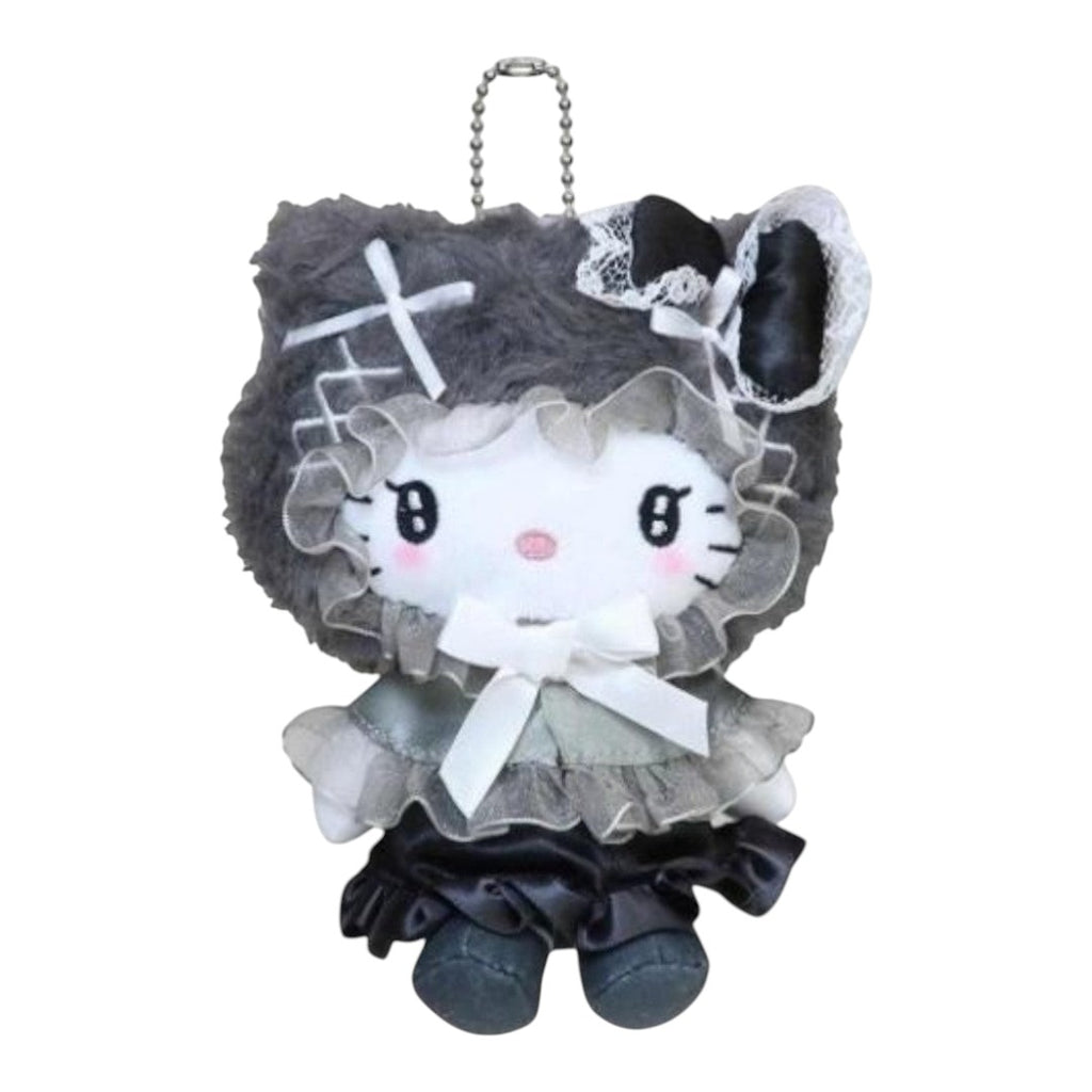 Twinkle Glory Hello Kitty plush pouch in black with a fluffy cape, lace trim, and a metal ball chain attachment.