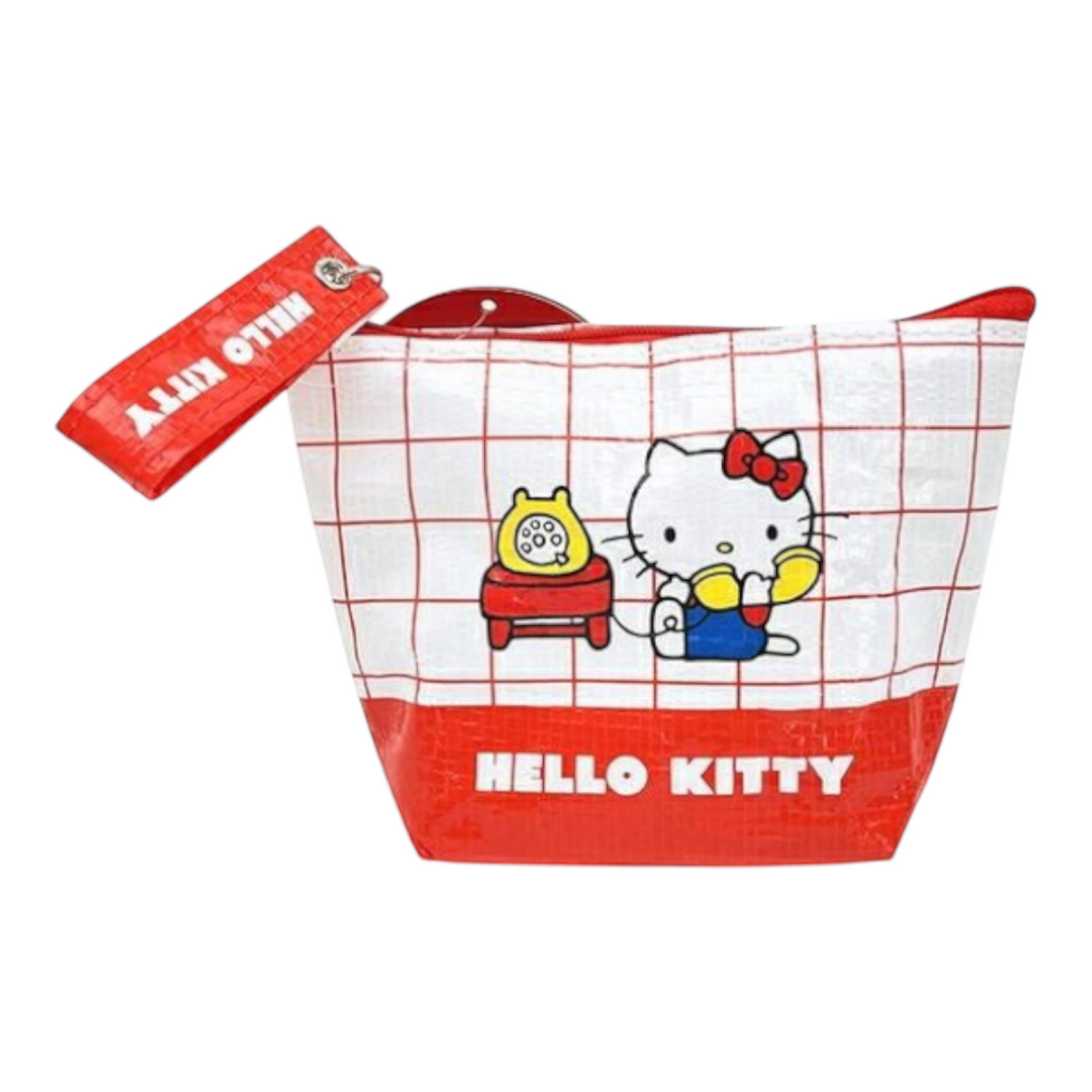 Twinkle Glory Sanrio Hello Kitty polyethylene pouch with a red and white grid pattern and matching wrist strap