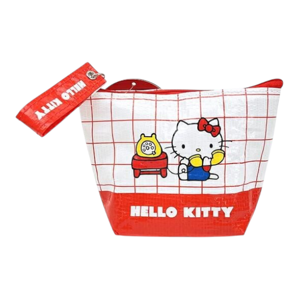 Twinkle Glory Sanrio Hello Kitty polyethylene pouch with a red and white grid pattern and matching wrist strap