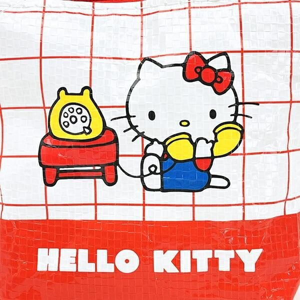Twinkle Glory Hello Kitty polyethylene pouch featuring a white and red grid pattern with a retro phone graphic
