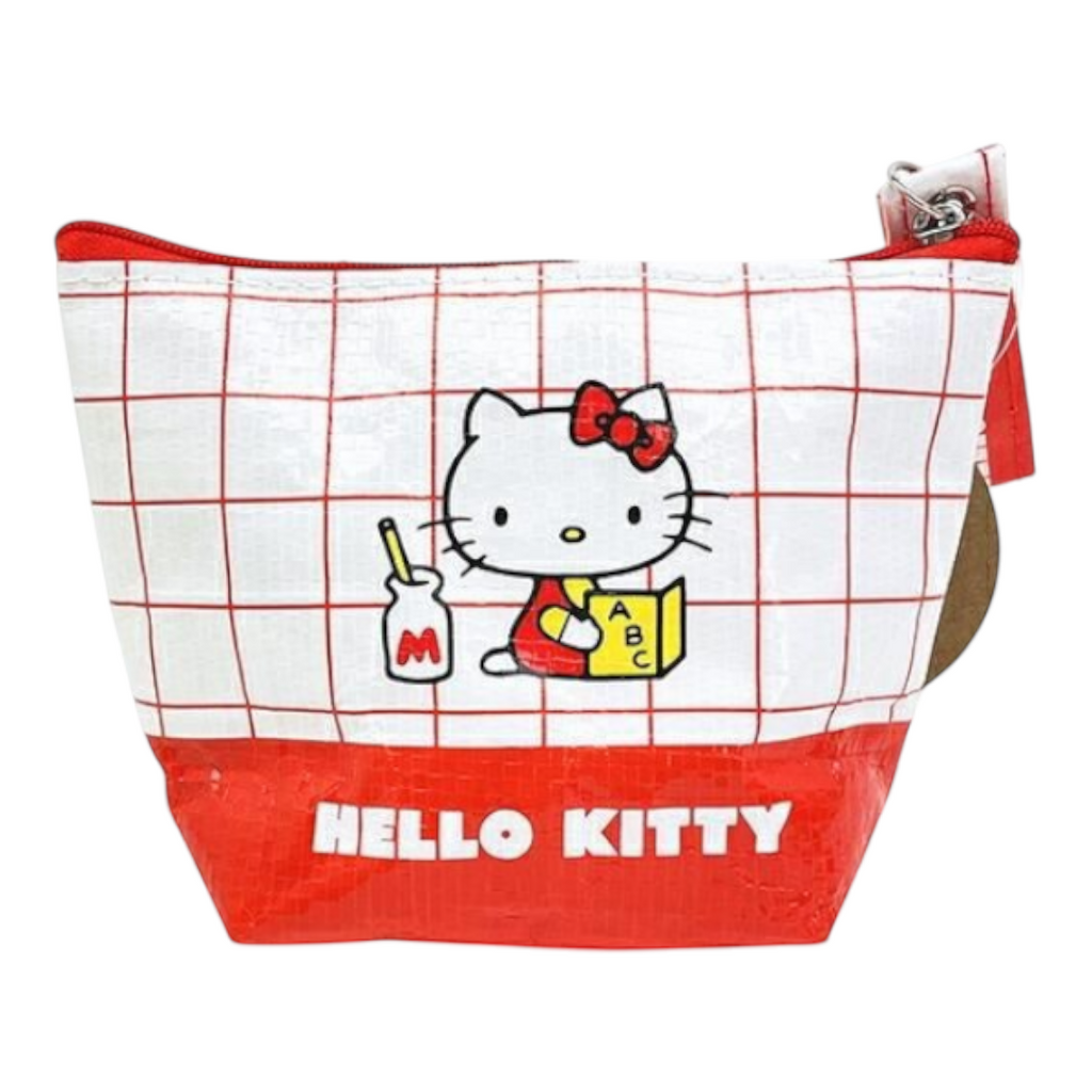 Twinkle Glory Hello Kitty polyethylene pouch featuring a red and white grid pattern with a cute character graphic