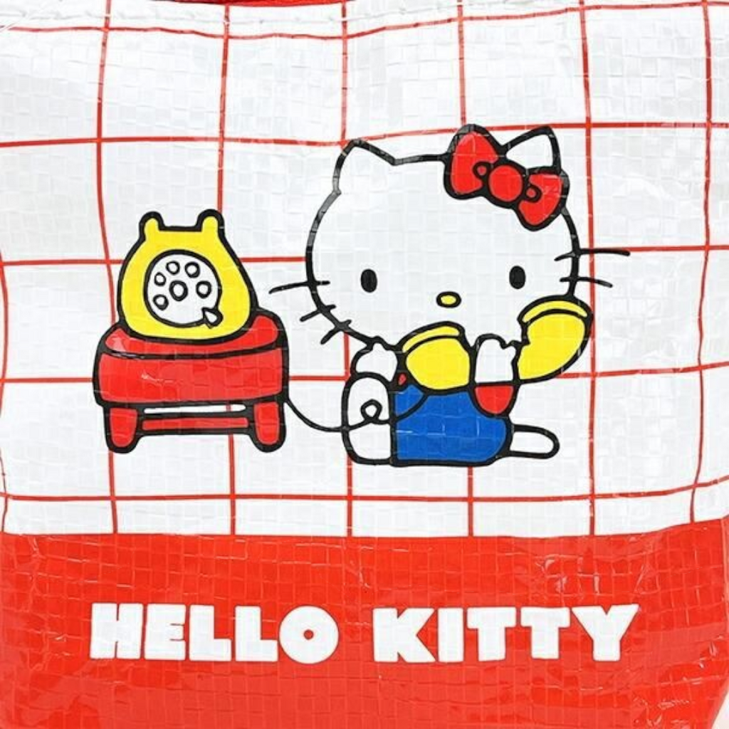 Twinkle Glory Hello Kitty polyethylene pouch featuring a white and red grid pattern with a retro phone graphic