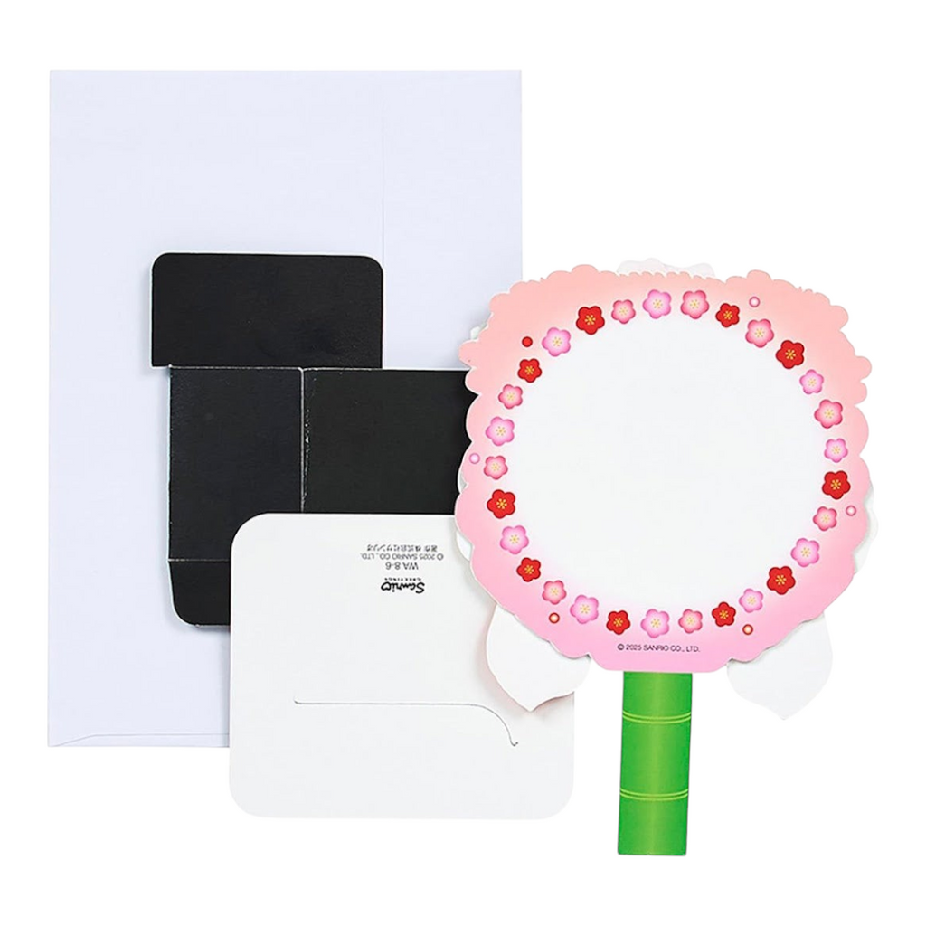 Twinkle Glory Sanrio Hello Kitty popout greeting card with pink floral border and green handle, includes envelope