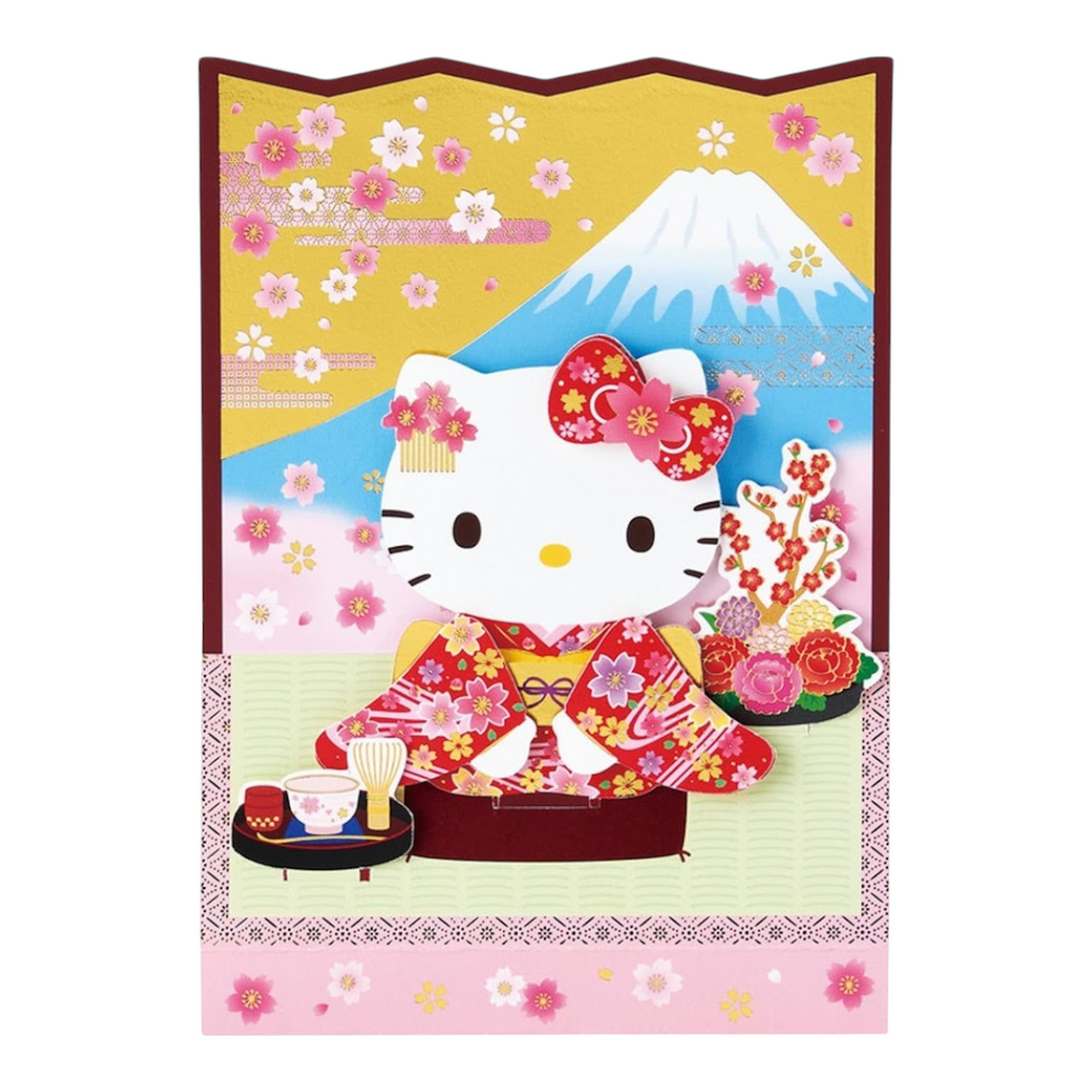 Twinkle Glory Sanrio Hello Kitty popout greeting card featuring a kimono-clad character with Mount Fuji and sakura.