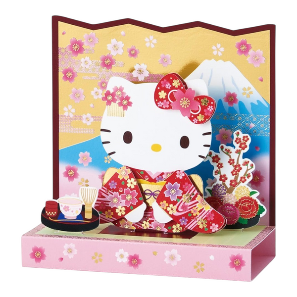 Twinkle Glory Sanrio Hello Kitty popout greeting card featuring a 3D kimono design with cherry blossoms and Mt Fuji