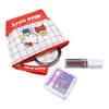 Twinkle Glory Hello Kitty polyethylene pouch with red grid pattern, holding cosmetics like powder and lipstick.