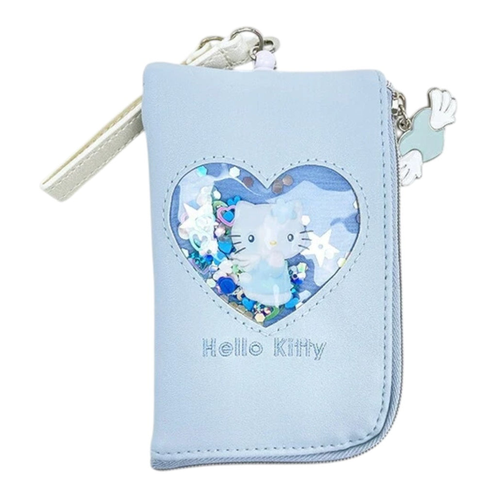 Twinkle Glory Hello Kitty light blue PU pouch with a heart-shaped shaker window filled with glitter and stars