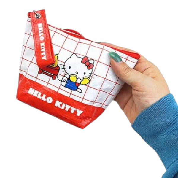 Twinkle Glory Hello Kitty polyethylene pouch with red and white grid pattern held in a hand
