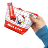 Twinkle Glory Hello Kitty polyethylene pouch with red and white grid pattern held in a hand