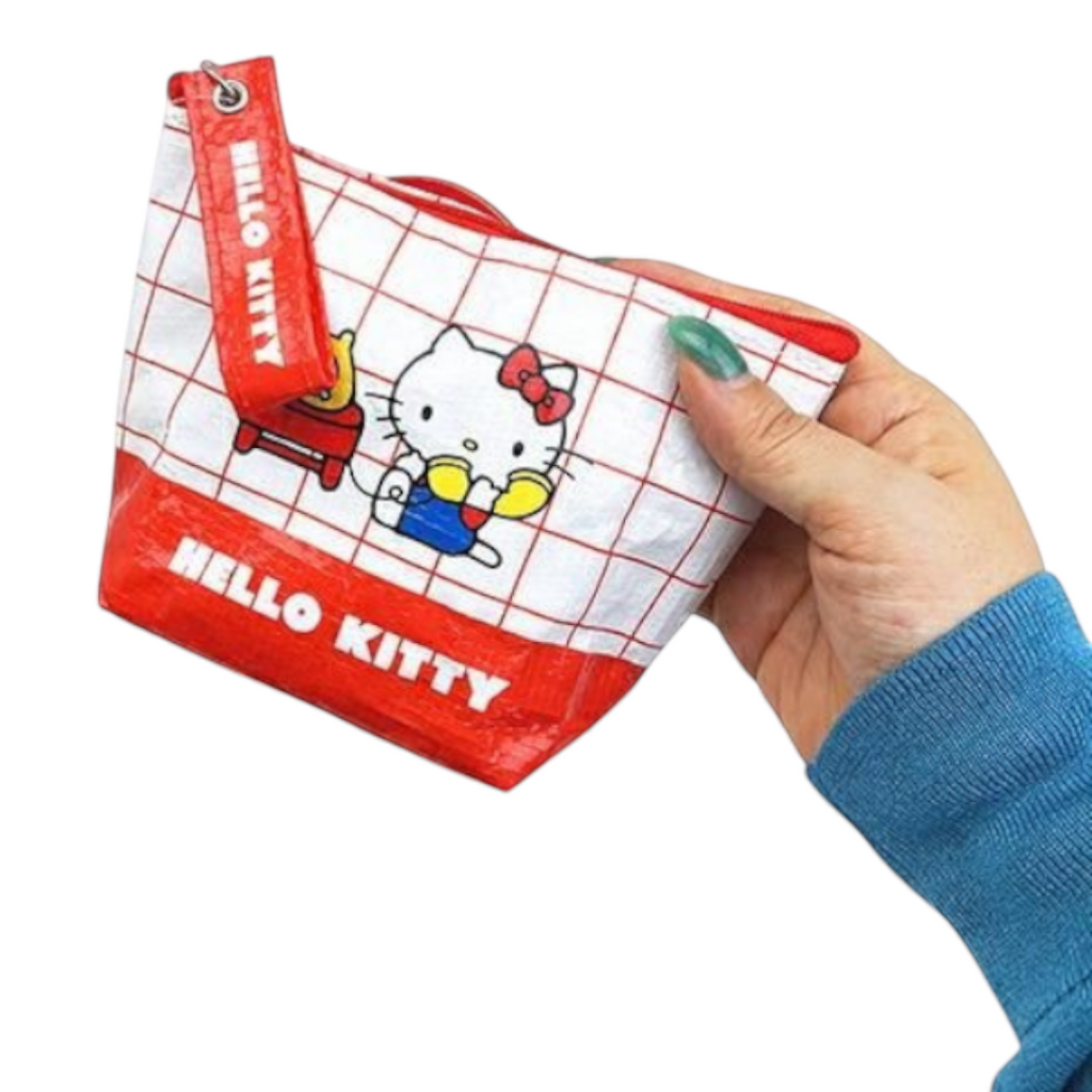 Twinkle Glory Hello Kitty polyethylene pouch with red and white grid pattern held in a hand