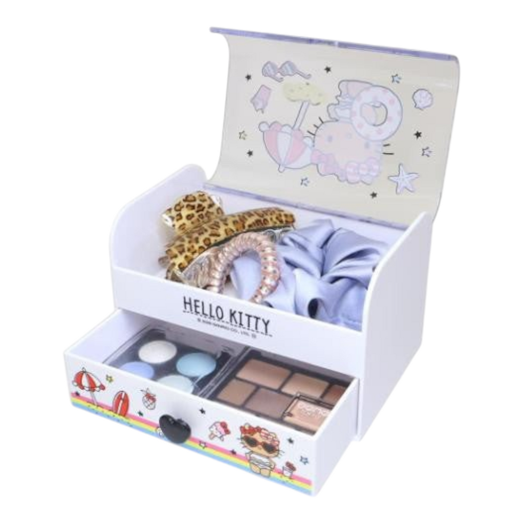 Twinkle Glory Hello Kitty resin accessory case with open lid and drawer, featuring cute beach-themed artwork.