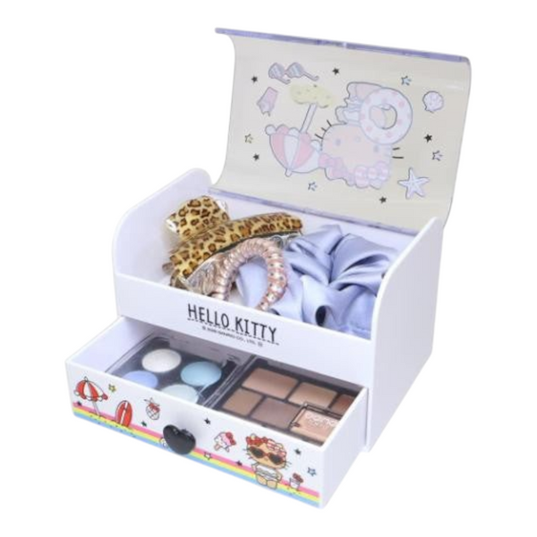 Twinkle Glory Hello Kitty resin accessory case with open lid and drawer, featuring cute beach-themed artwork.