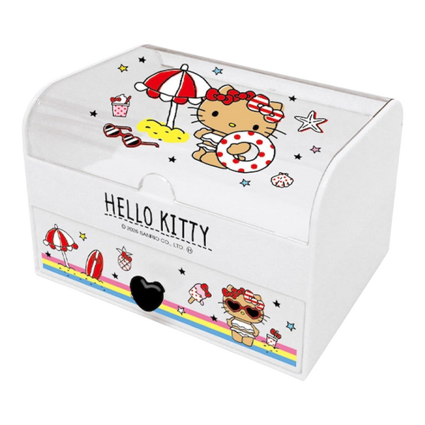 Twinkle Glory Hello Kitty resin accessory case with beach-themed artwork and a heart-shaped drawer pull.